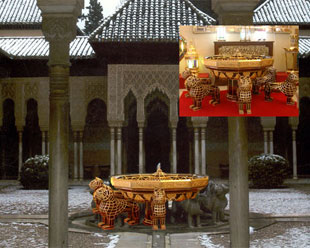 Fotomontaje de la réplica en latón y vidrio de la fuente del Palacio de los leones de la Alhambra.